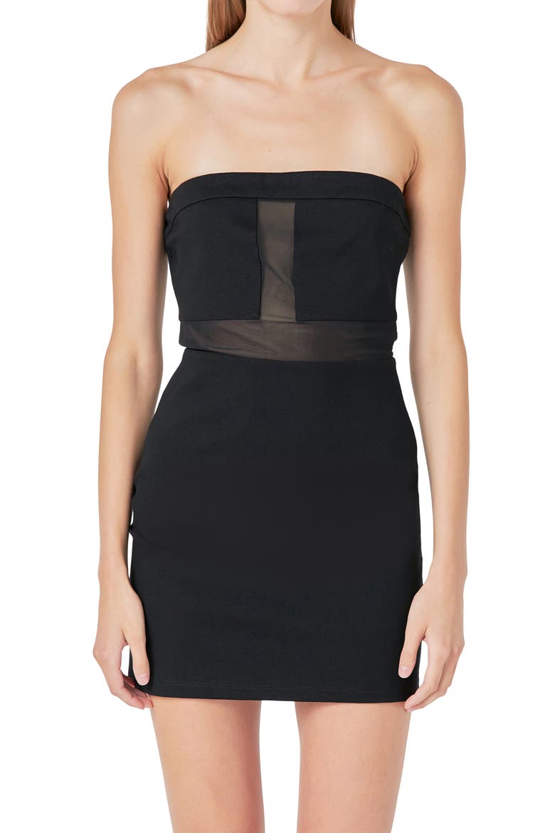 Illusion Inset Strapless Minidress, Alternate, color, BLACK