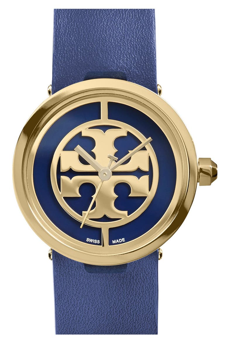'Reva' Logo Dial Leather Strap Watch, 28mm, Main, color, NAVY/ GOLD
