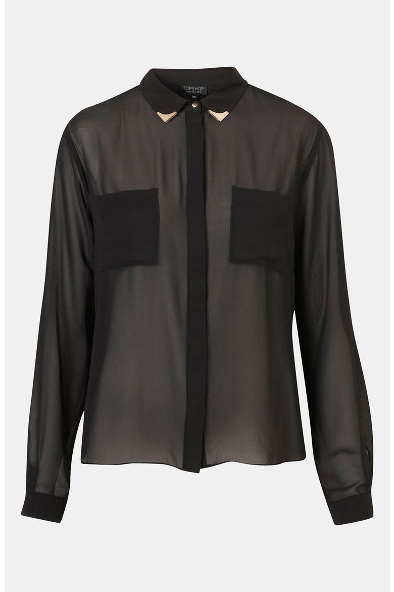 Moto Tipped Collar Chiffon Shirt, Main, color, BLACK