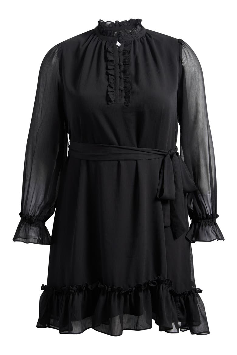 Ruffle Tie Waist Long Sleeve Dress, Alternate, color, RICH BLACK