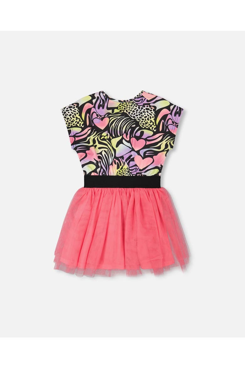 Short Sleeve Bi-Material Animal and Heart Dress, Alternate, color, Black with Multicolored Print