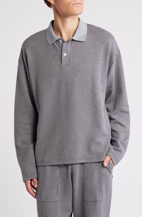 Houndstooth Jacquard Long Sleeve Knit Polo