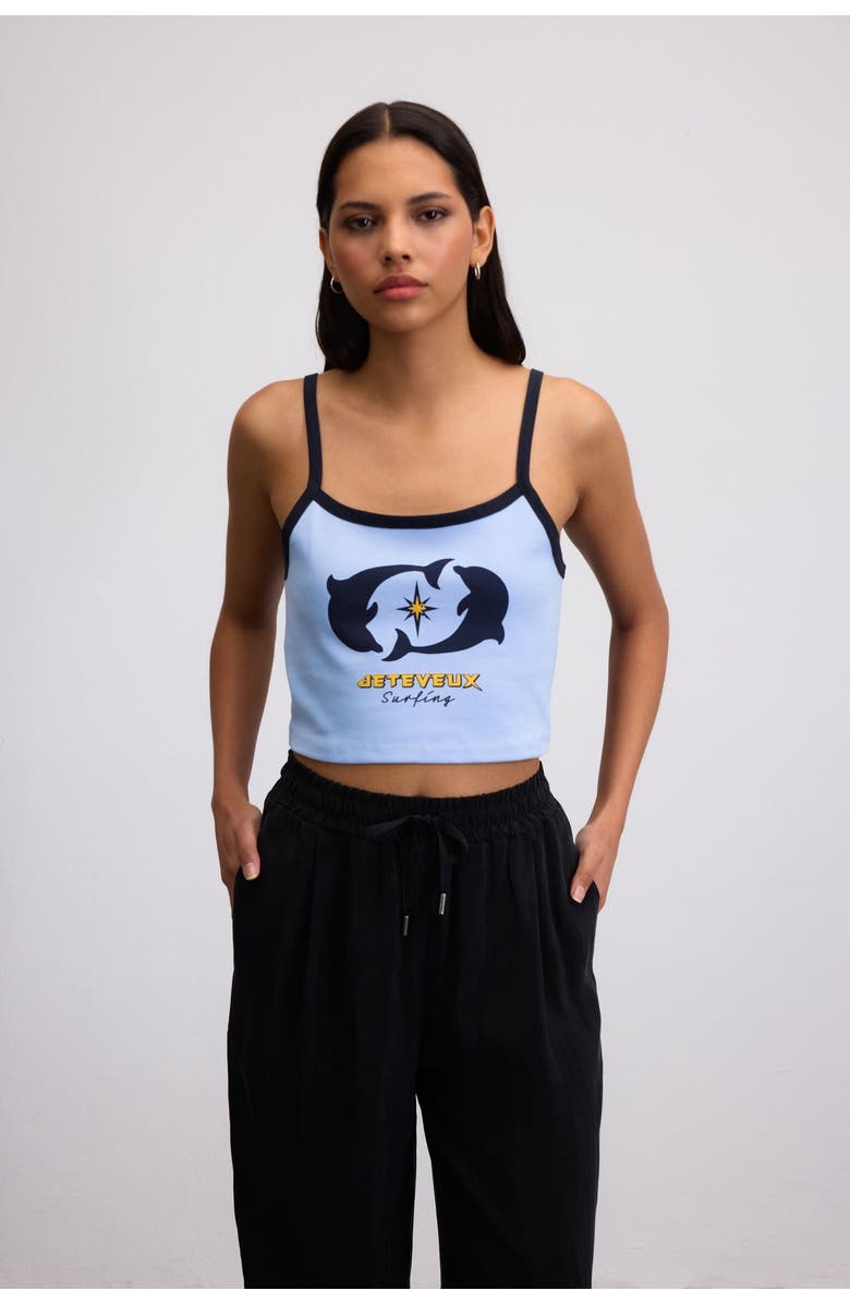 Je Te Veux Nami Dolphin Graphic Crop Tank Top, Main, color, Light Blue