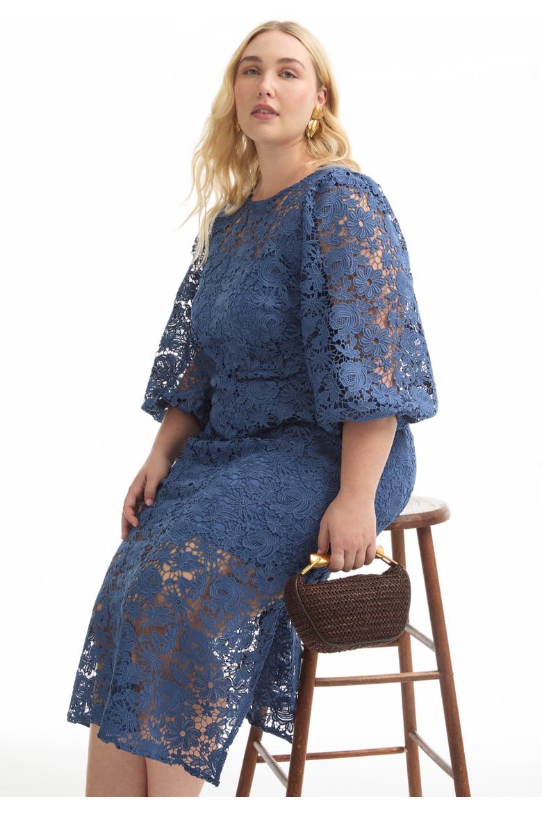 Puff Sleeve Lace Midi Dress, Alternate, color, INK BLUE