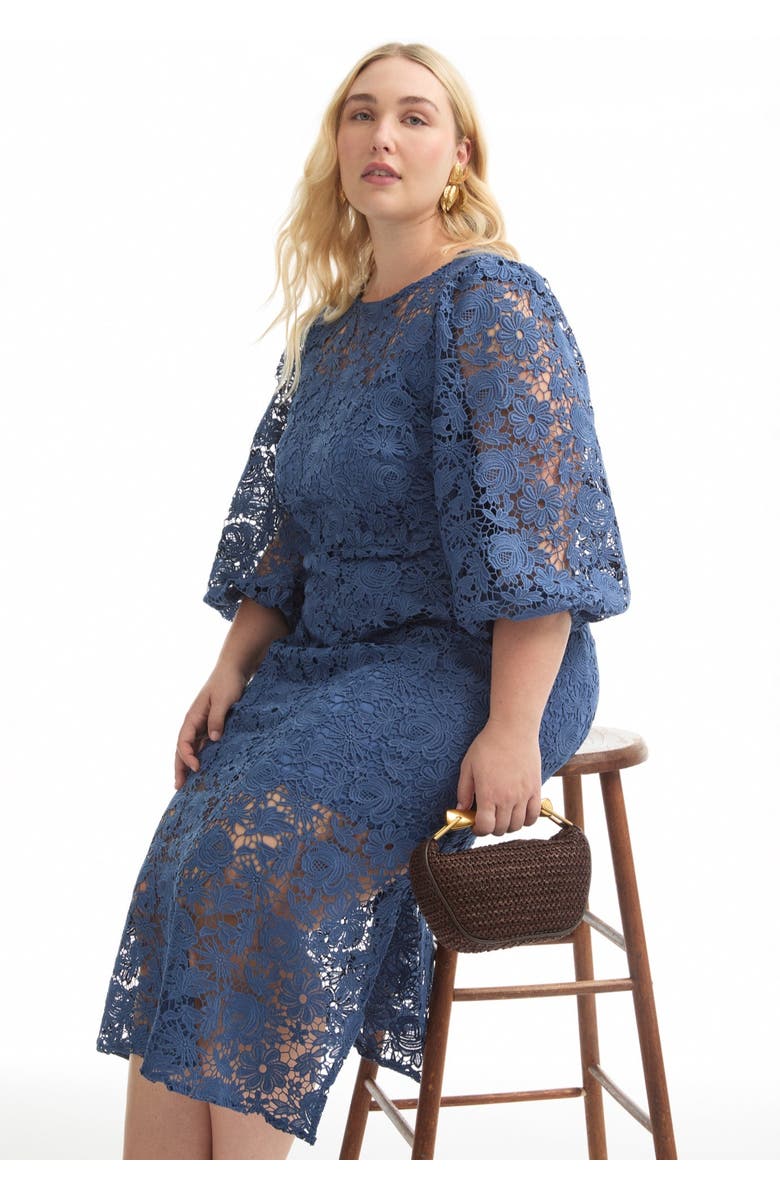 June + Vie Puff Sleeve Lace Midi Dress, Alternate, color, Ink Blue