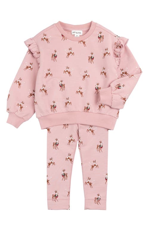 MILES THE LABEL Kids' Reindeer Games Fleece Sweatshirt & Leggings Set in Light Pink 