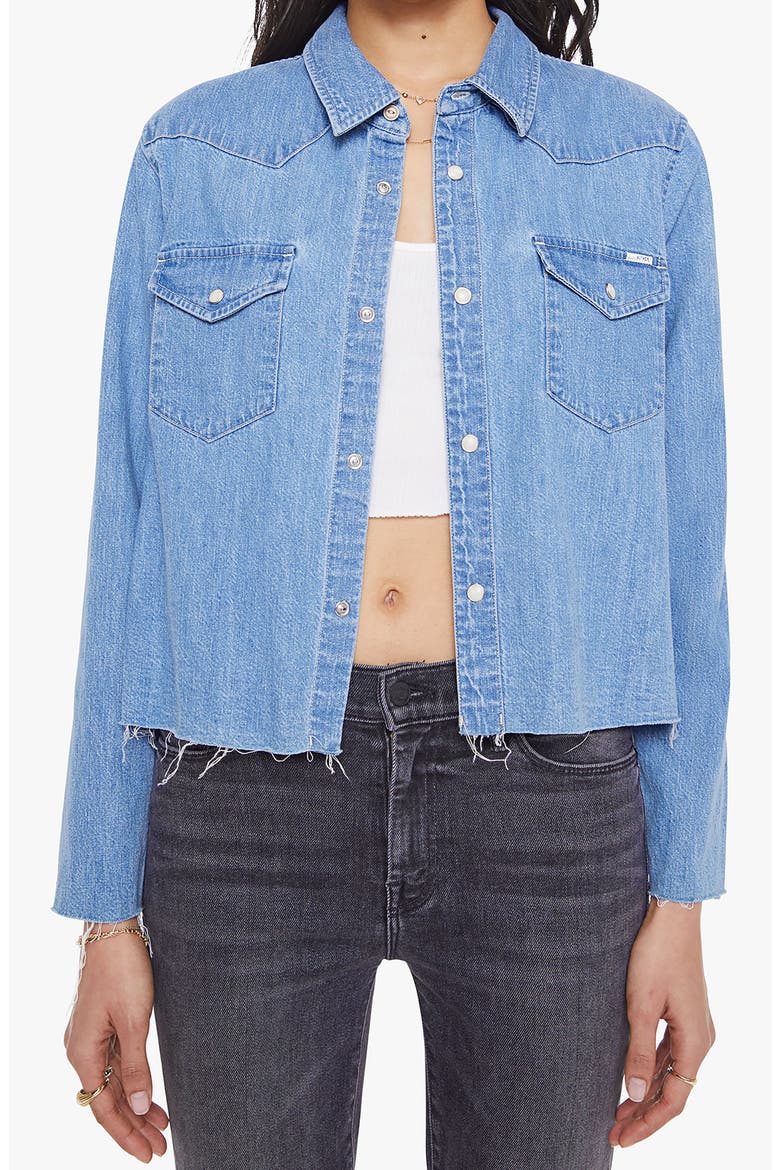 The Super Exes Frayed Step Hem Crop Snap-Up Denim Shirt, Main, color, PLAYING FOR KEEPS