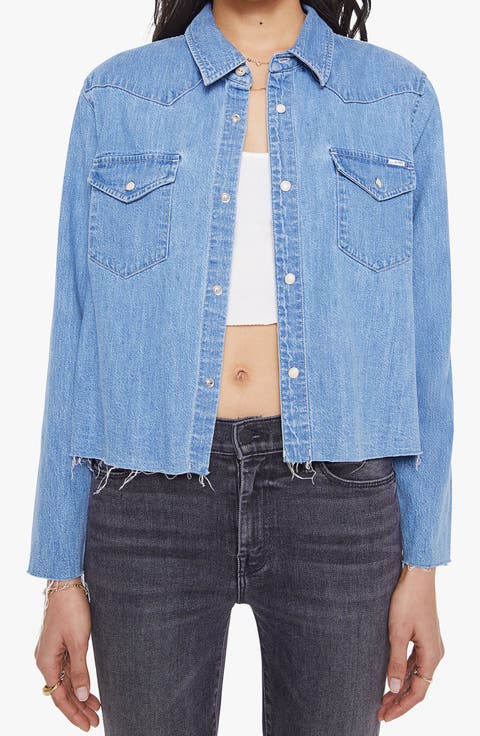 The Super Exes Frayed Step Hem Crop Snap-Up Denim Shirt