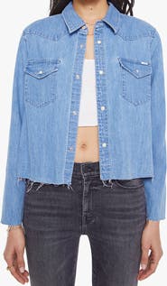 MOTHER The Super Exes Frayed Step Hem Crop Snap-Up Denim Shirt