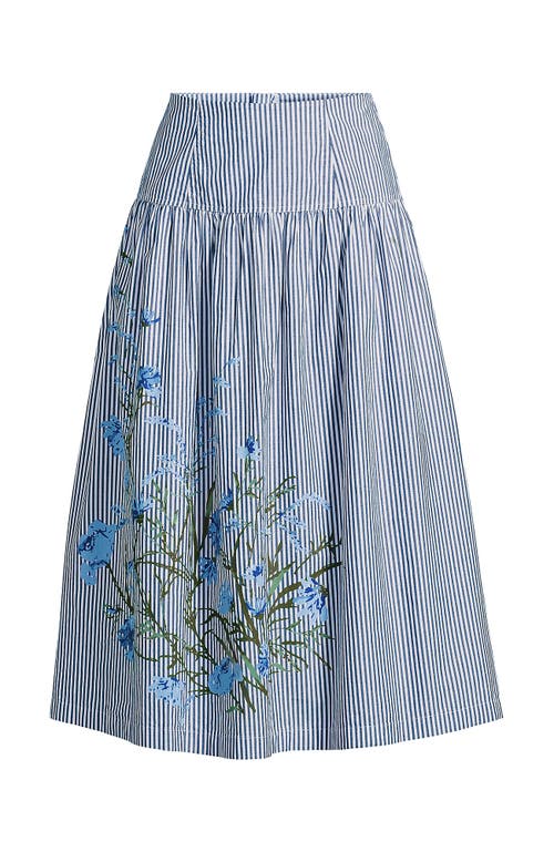 Lands' End Poplin Drop Waist Midi Skirt In Navy Striped Placed Floral