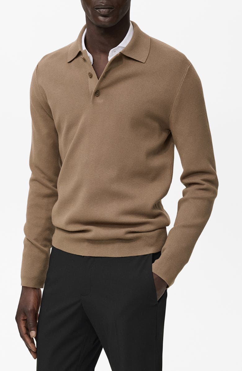 MANGO Long Sleeve Piqué Polo, Main, color, Medium Brown