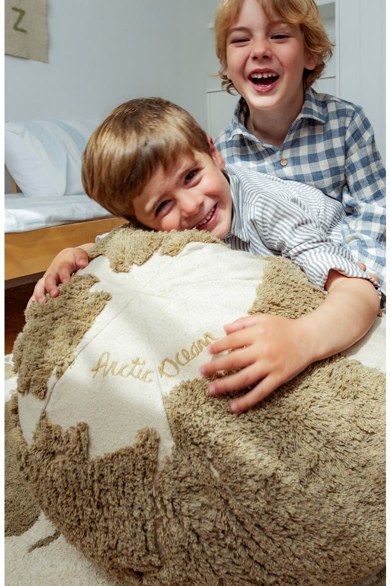 RugCycled World Map Washable Cotton Blend Pouf, Alternate, color, NATURAL SOIL BROWN