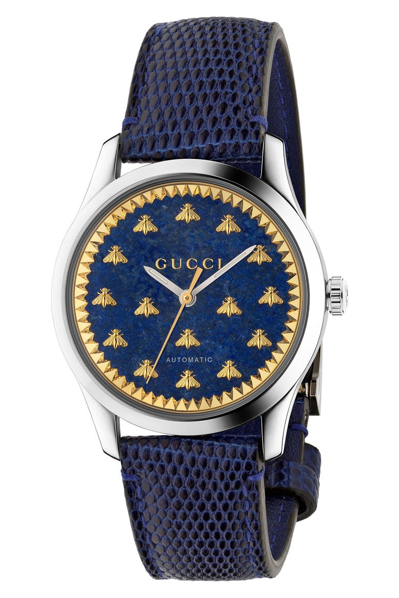 Bee Automatic Leather Strap Watch, 38mm, Main, color, BLUE/ GOLD/ SILVER