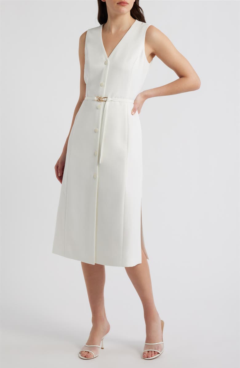 Tahari ASL Sleeveless Belted Midi Dress, Main, color, Ivory