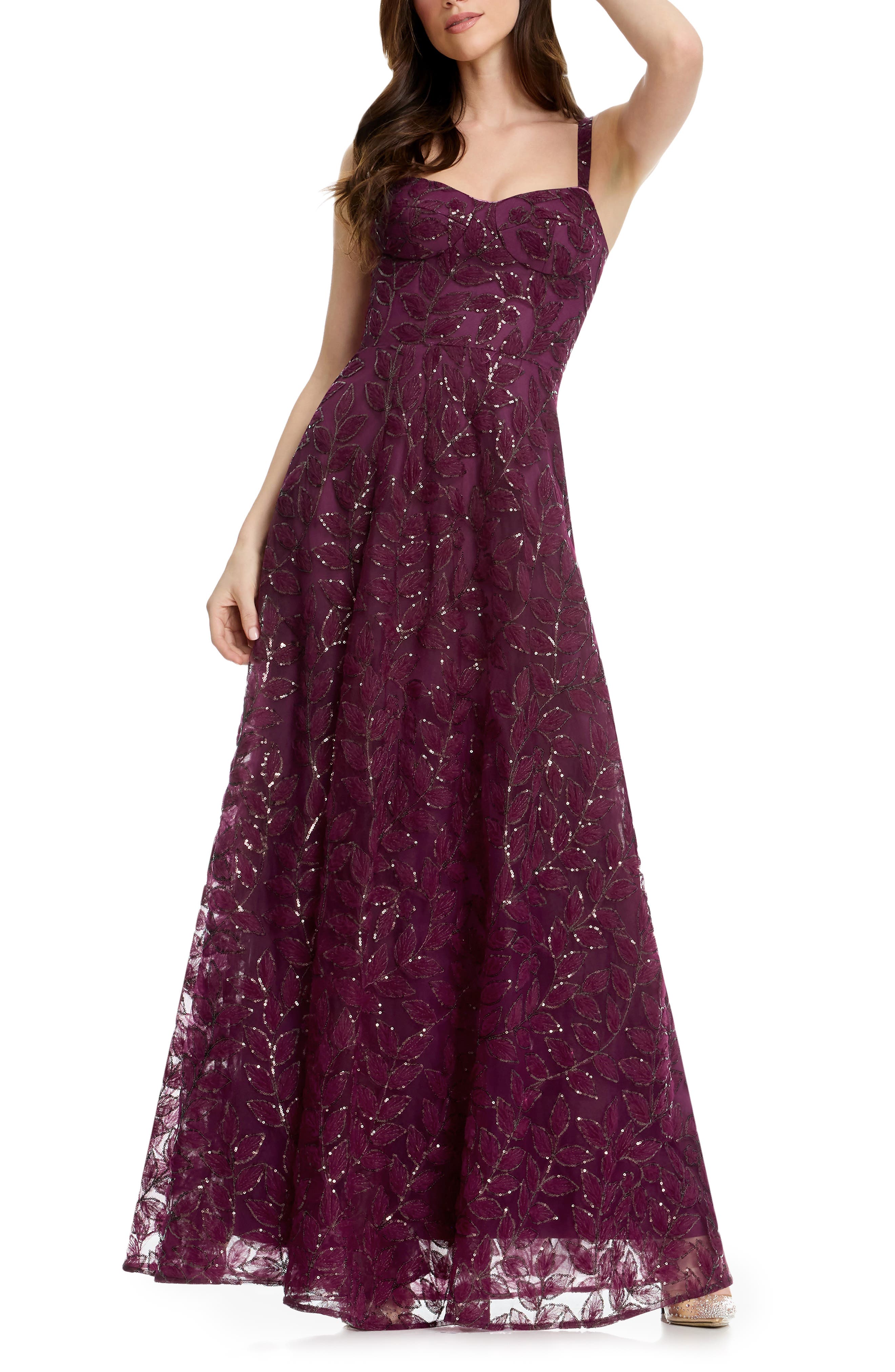 Dress The Population Piper Sequin Embroidered Gown In Burgundy