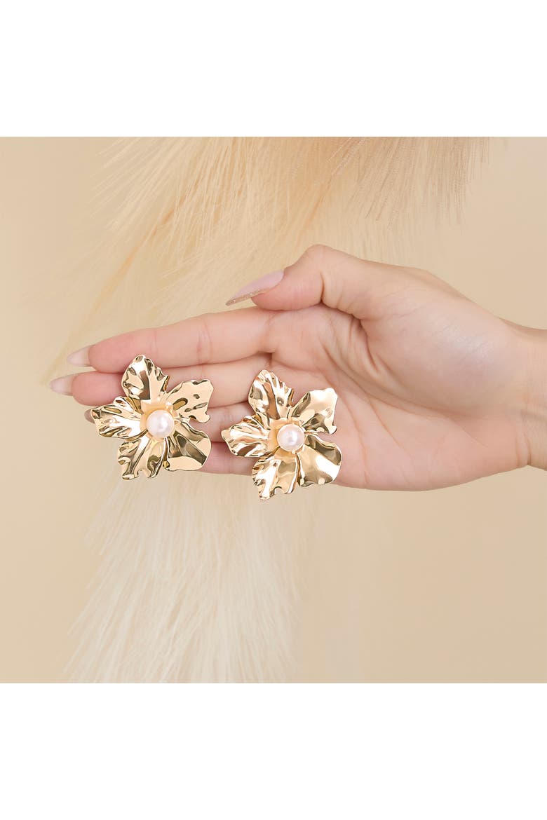 Flower Earrings with Pearl Center, Alternate, color, Gold