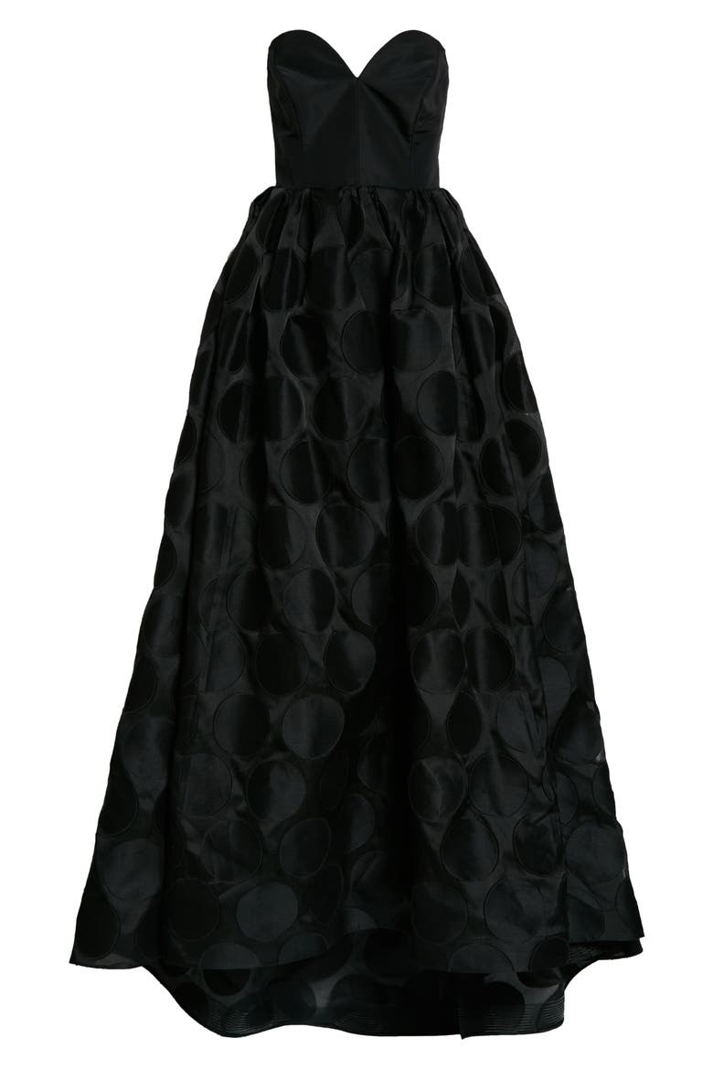 Fil Coupé Polka Dot Strapless Ballgown, Alternate, color, BLACK