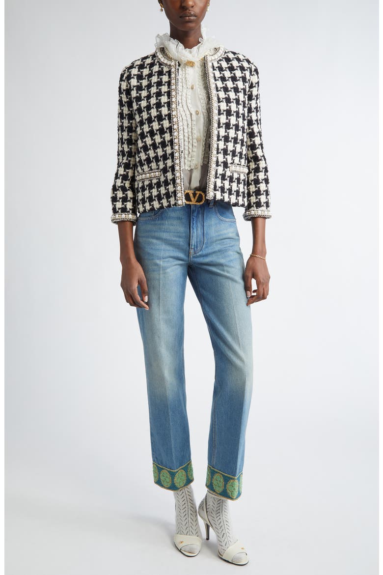 Houndstooth Check Tweed Crop Jacket, Alternate, color, IVORY/ BLACK