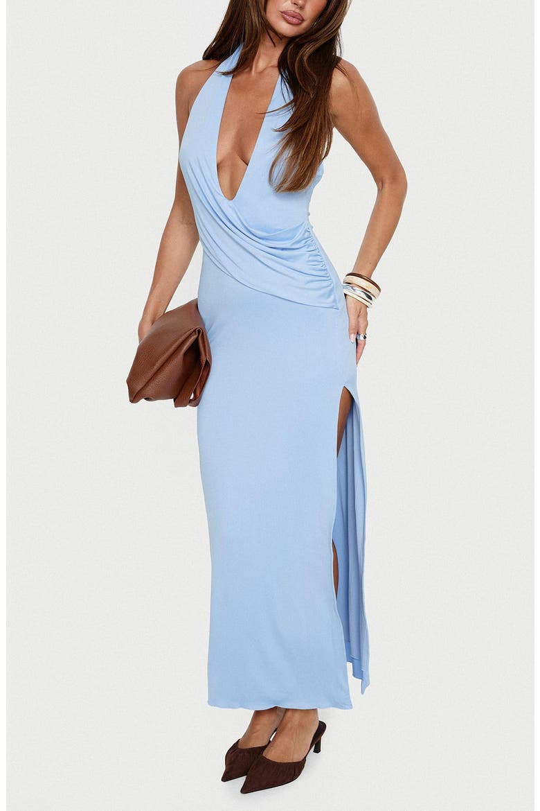 Nomani Ruched Halter Maxi Dress, Alternate, color, BABY BLUE