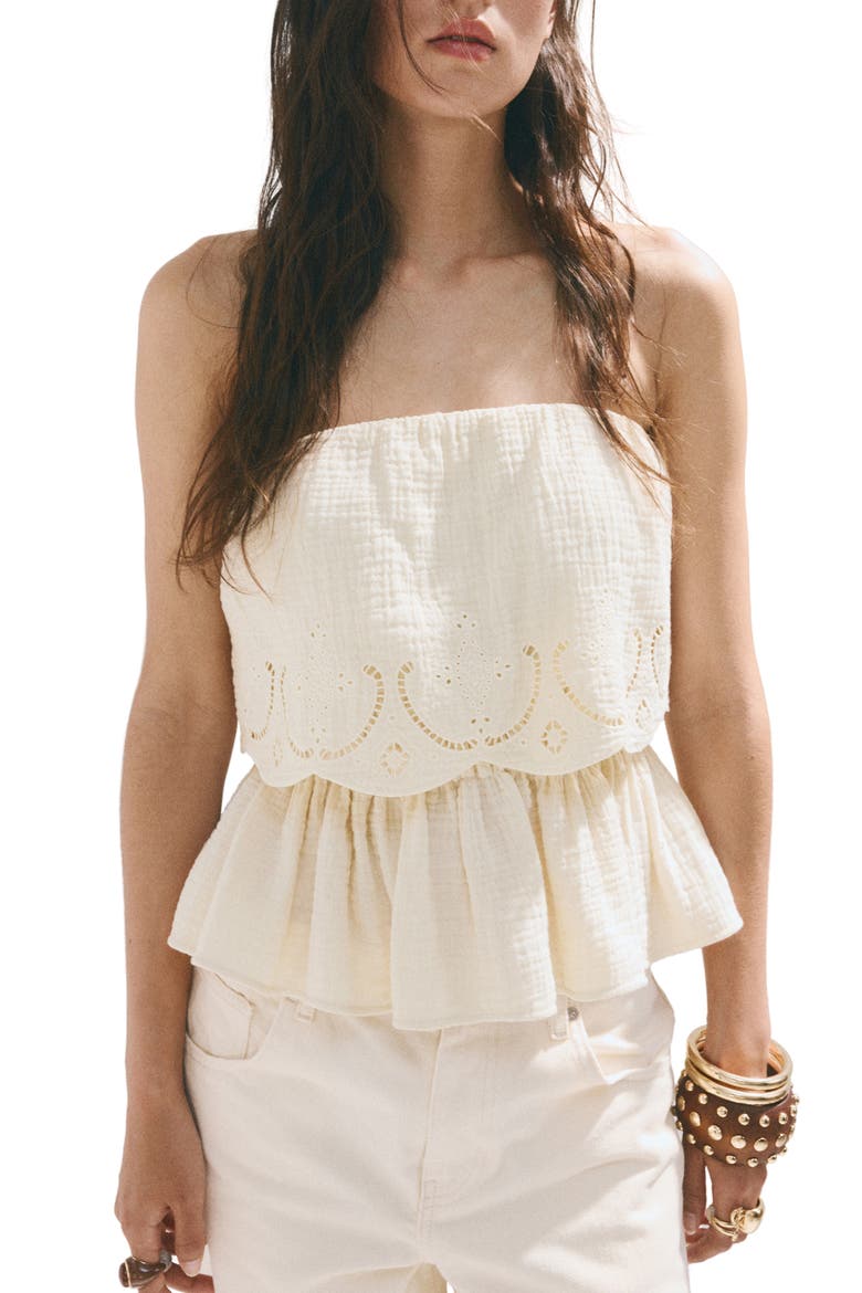 Maui Openwork Embroidered Strapless Gauze Peplum Top, Main, color, ECRU
