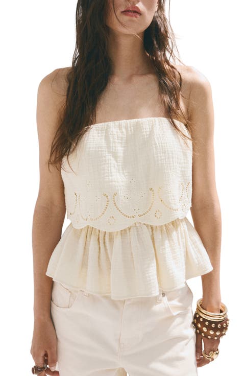 Maui Openwork Embroidered Strapless Gauze Peplum Top