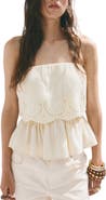 MANGO Maui Openwork Embroidered Strapless Gauze Peplum Top