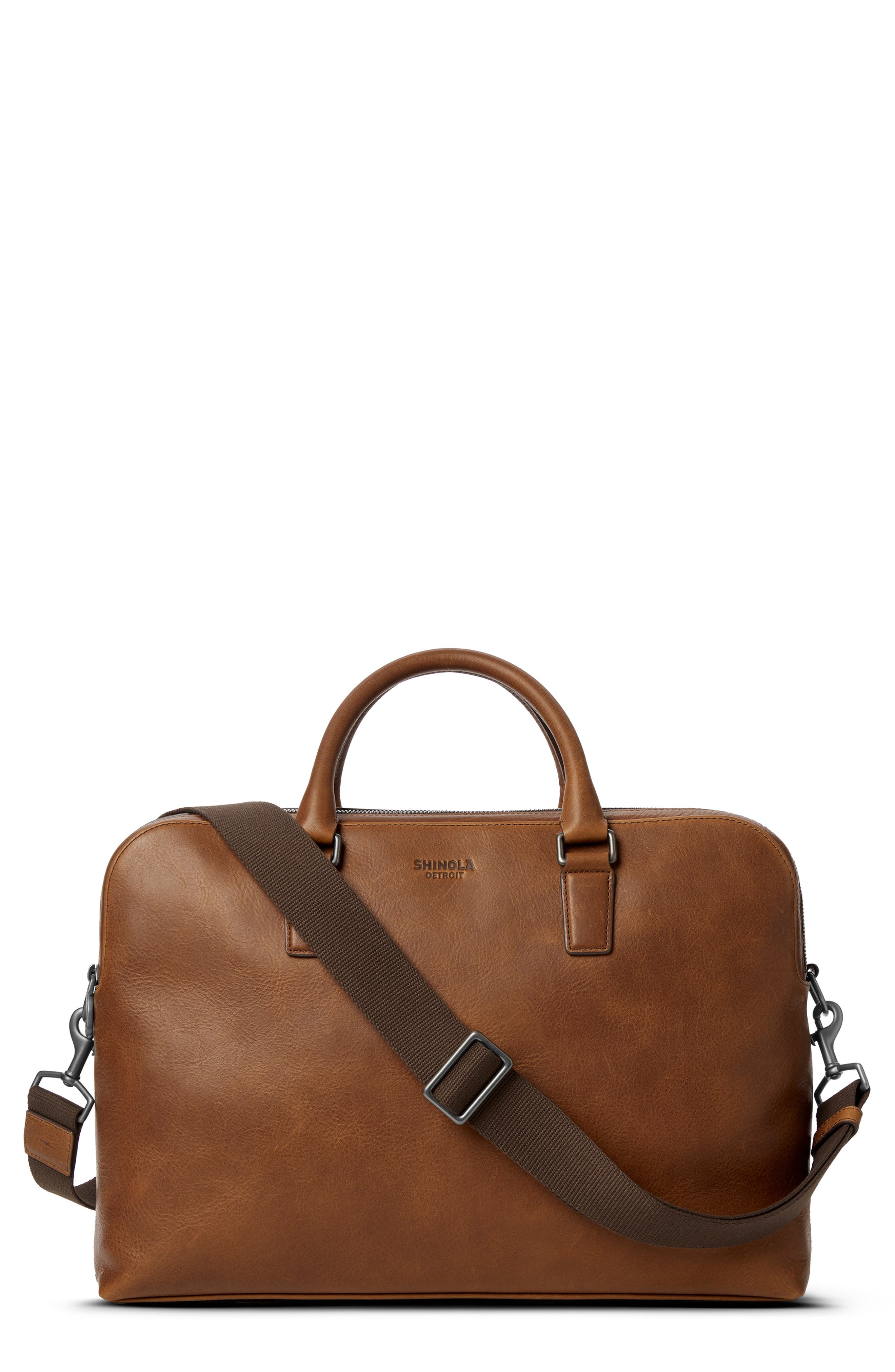 Shinola Double Zip Navigator Leather Briefcase, Main, color, Medbrown