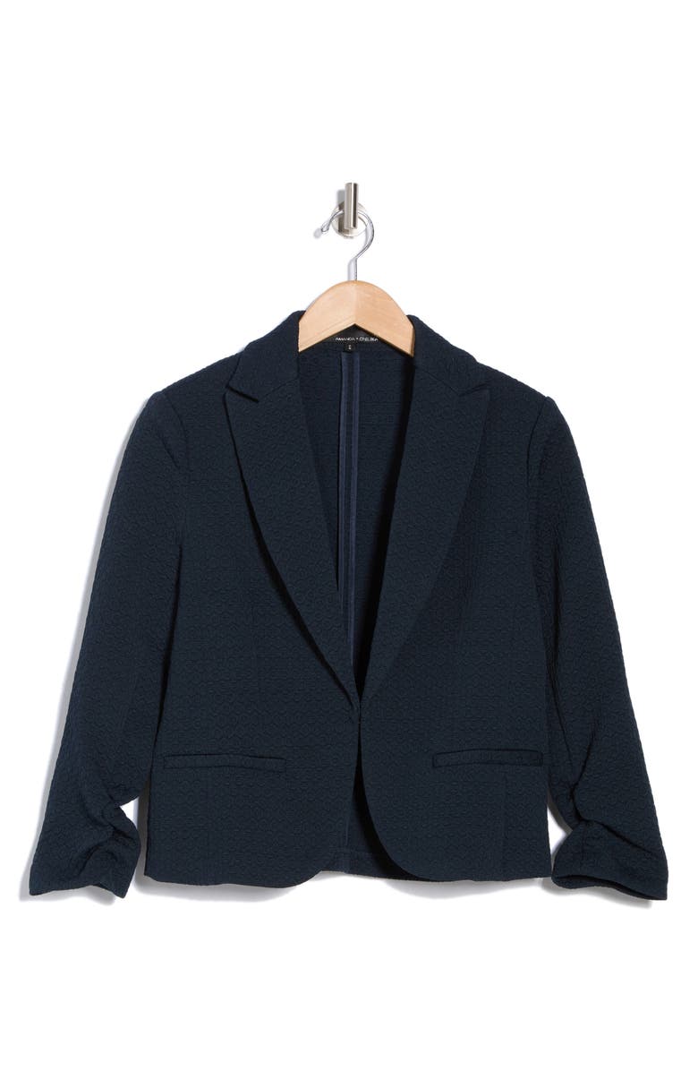 Amanda & Chelsea Ruched Sleeve Jacquard Blazer, Alternate, color, Navy