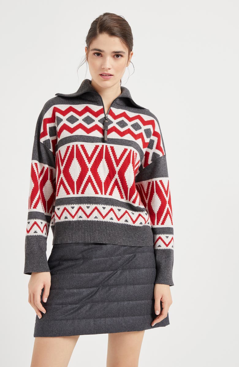 Brunello Cucinelli Virgin wool, cashmere and silk retro jacquard turtleneck sweater with half zip, Alternate, color, 