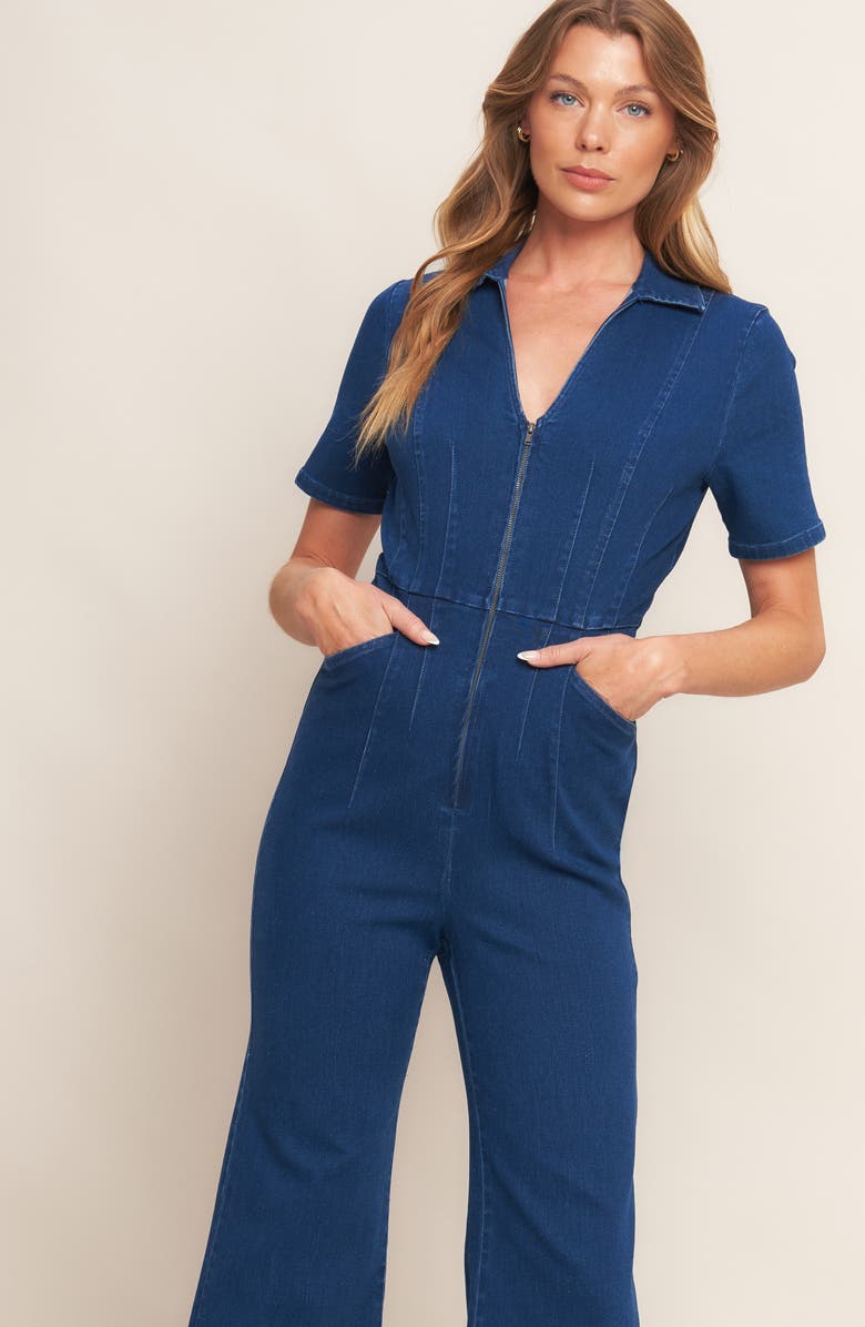 FLYING TOMATO Wide Leg Denim Jumpsuit, Alternate, color, Medium Indigo