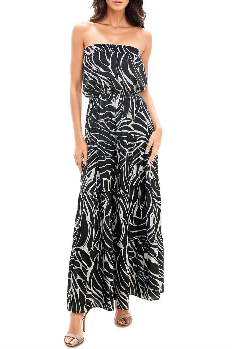 Print Strapless Maxi Dress, Main, color, BLACK/ TAN