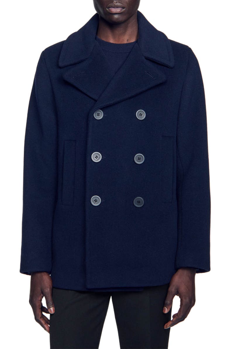 SANDRO Wool pea coat, Alternate, color, Navy Blue