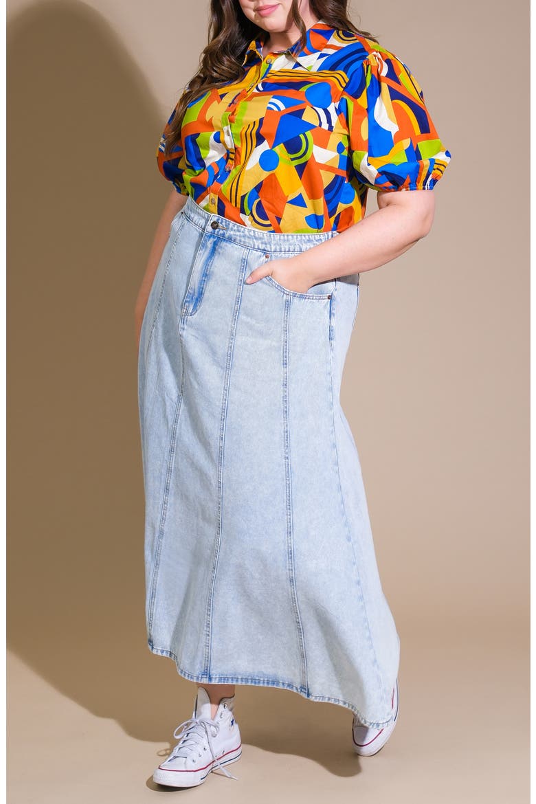Geometric Print Puff Sleeve Button-Up Shirt, Alternate, color, BLUE RUST