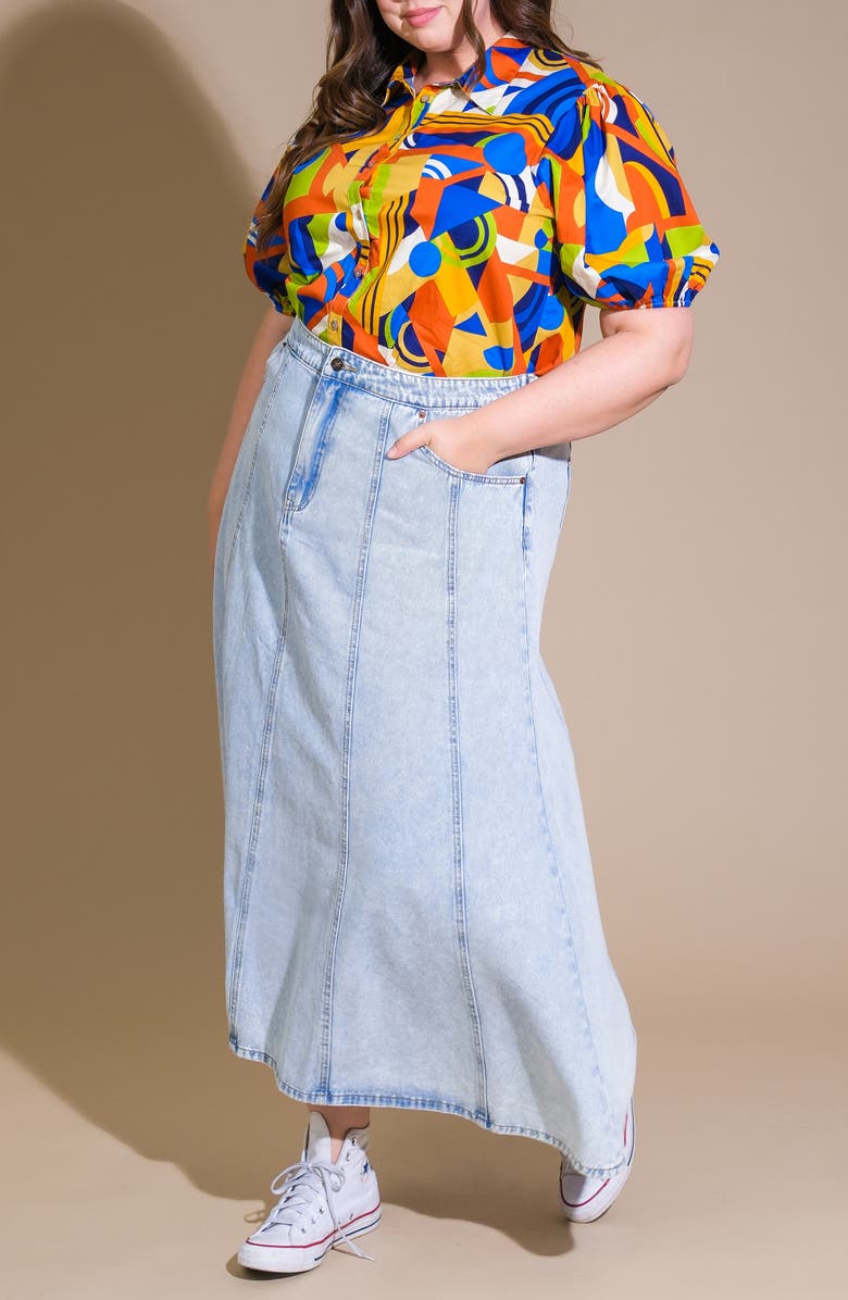 FLYING TOMATO Geometric Print Puff Sleeve Button-Up Shirt, Alternate, color, Blue Rust