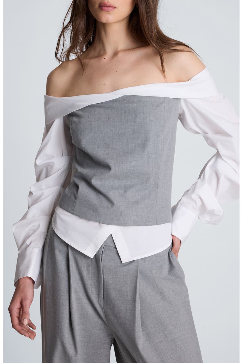Pleated Sleeve Off the Shoulder Top, Main, color, LIGHT FOG HEATHER/ PURE WHITE