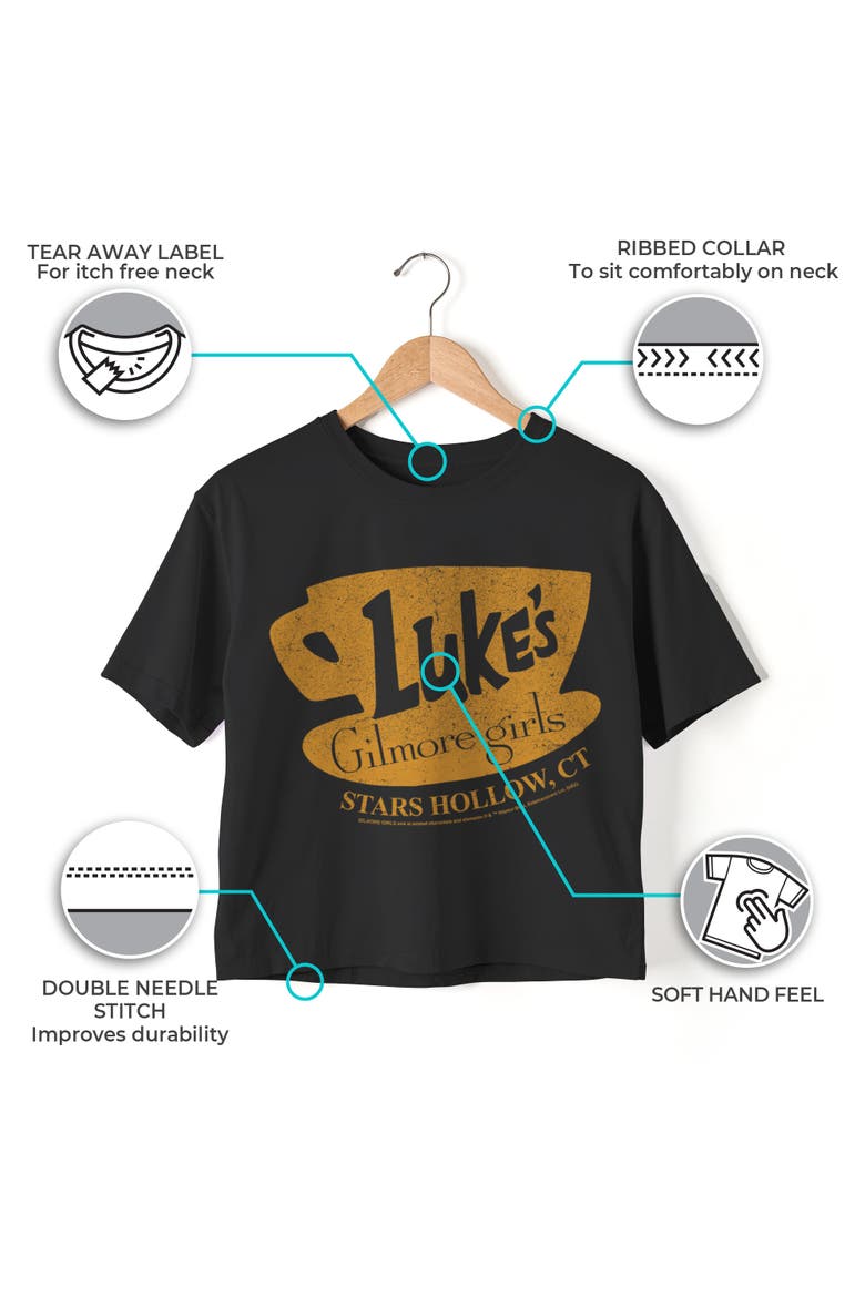 Girls' Luke's Dinner Distressed Logo Graphic Cropped T-Shirt, Alternate, color, Black
