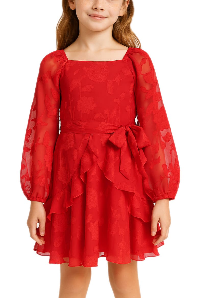 Kids' Burnout Long Sleeve Tie Belt Chiffon Party Dress, Alternate, color, RED