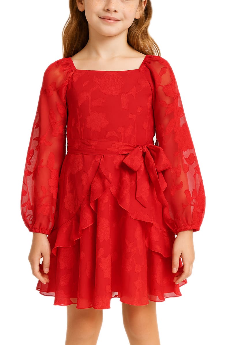 Zunie Kids' Burnout Long Sleeve Tie Belt Chiffon Party Dress, Alternate, color, Red