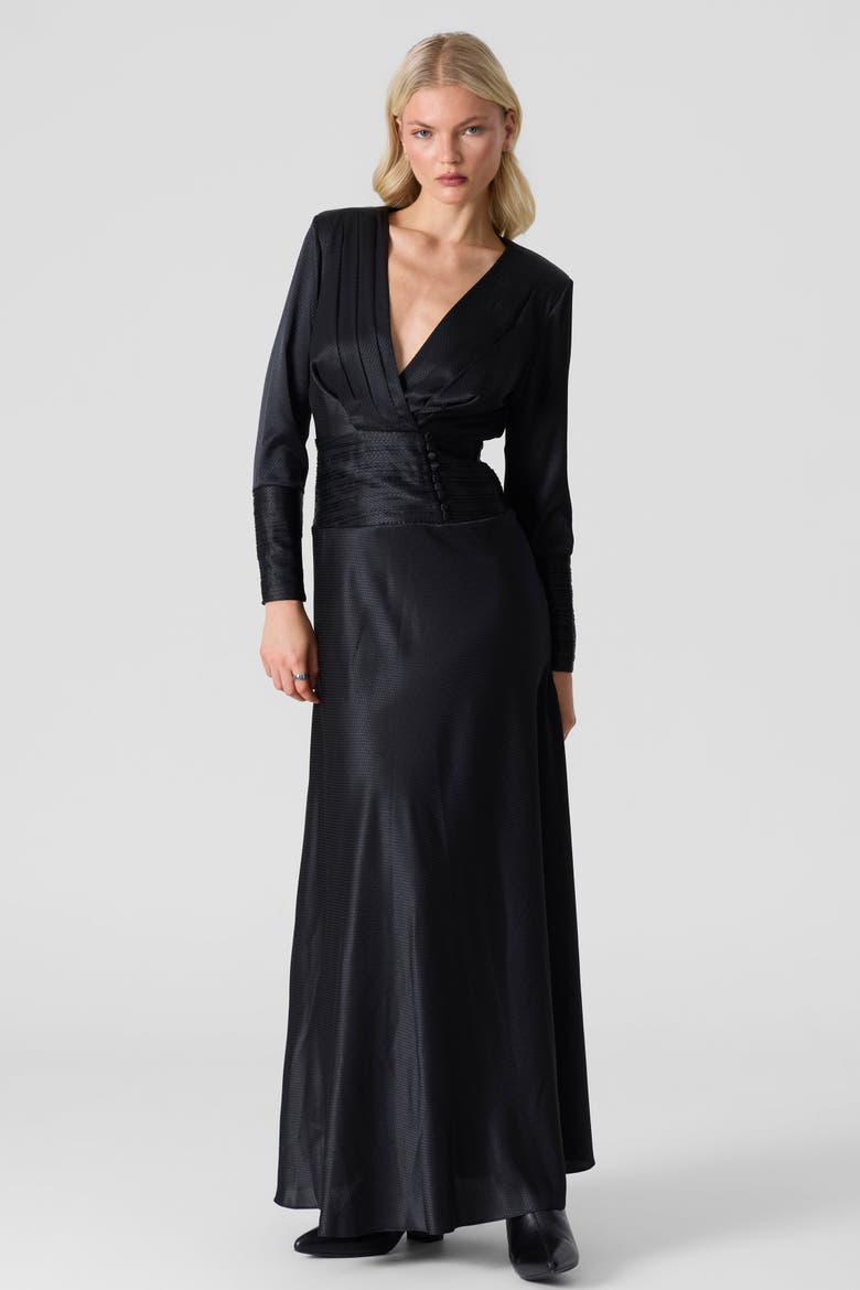 Silk Maxi V-Neck Dress, Alternate, color, Black