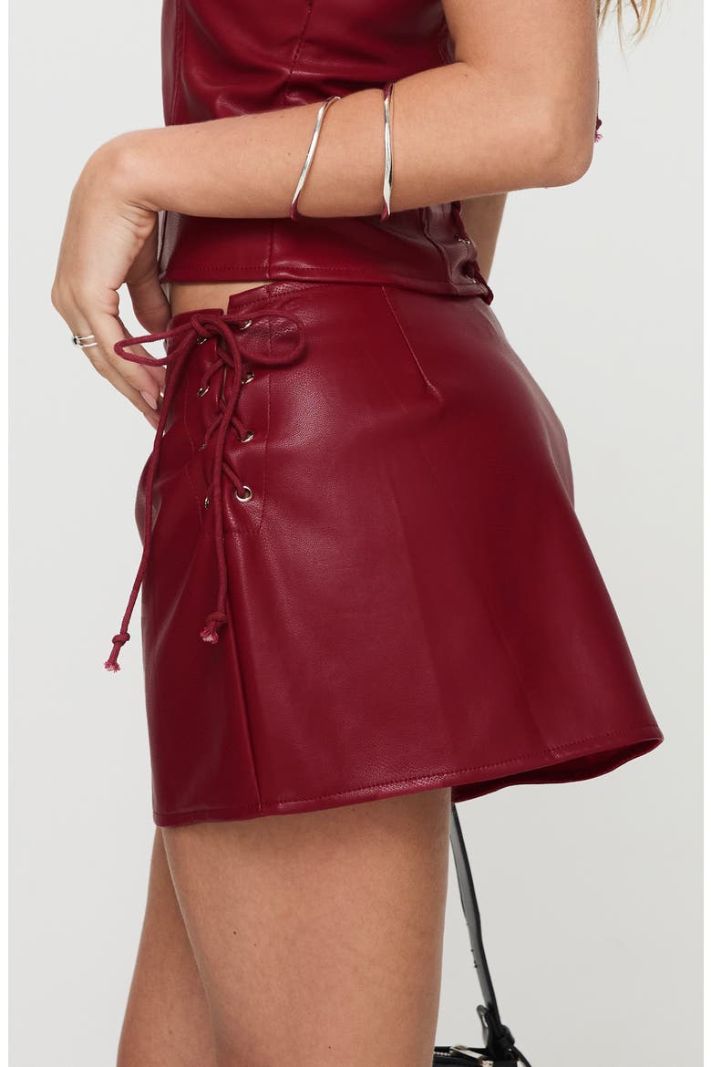 Smolder Tie Up Faux Leather Miniskirt, Alternate, color, RED