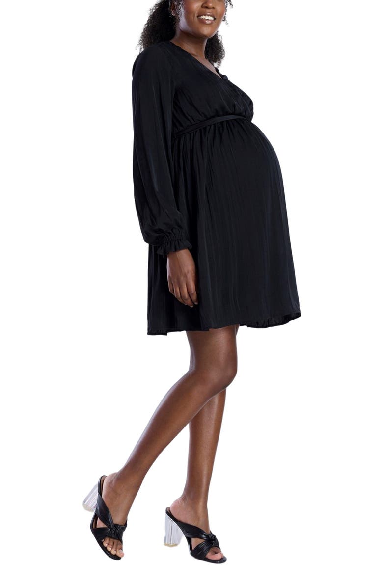 MOTHERHOOD MATERNITY Woven Wrap Long Sleeve Mini Dress, Alternate, color, Black