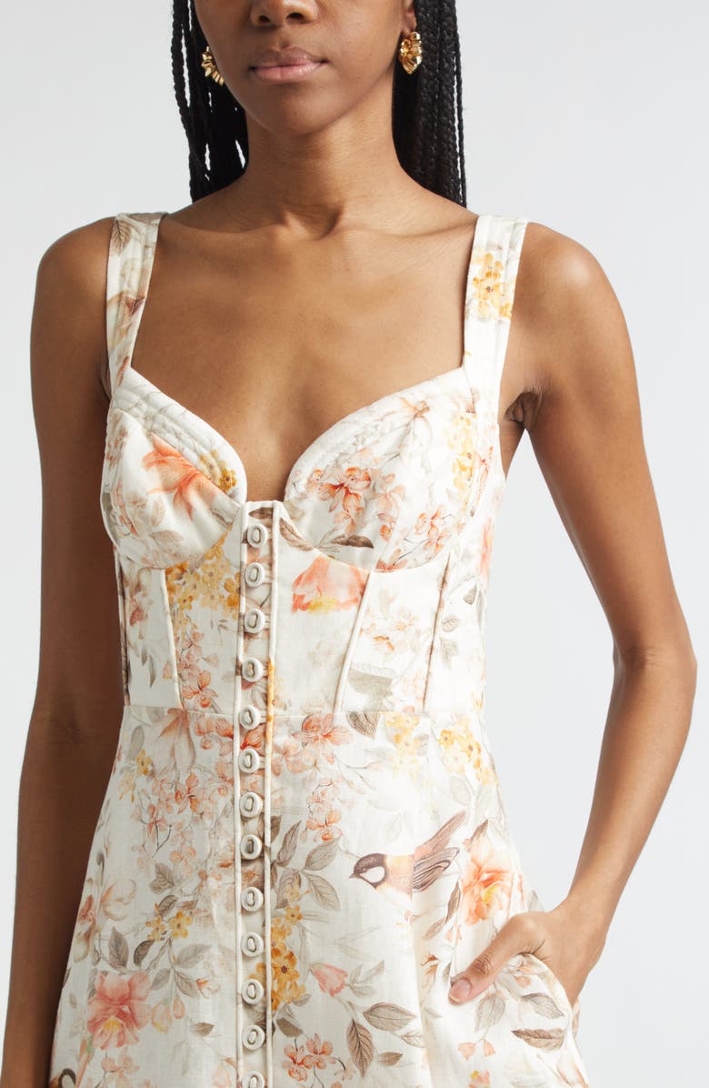 Zimmermann Luna Buttoned Linen Picnic Midi Dress, Alternate, color, Cream Songbird