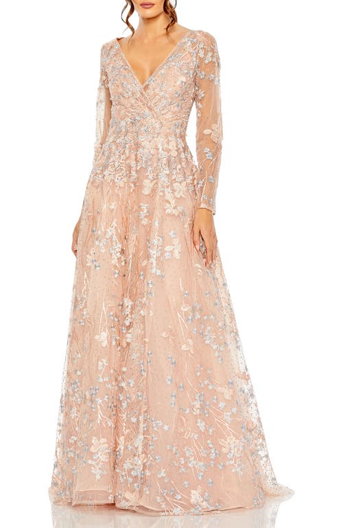 Mac Duggal Embellished Wrap Over Illusion Long Sleeve A Line Gown In Peach