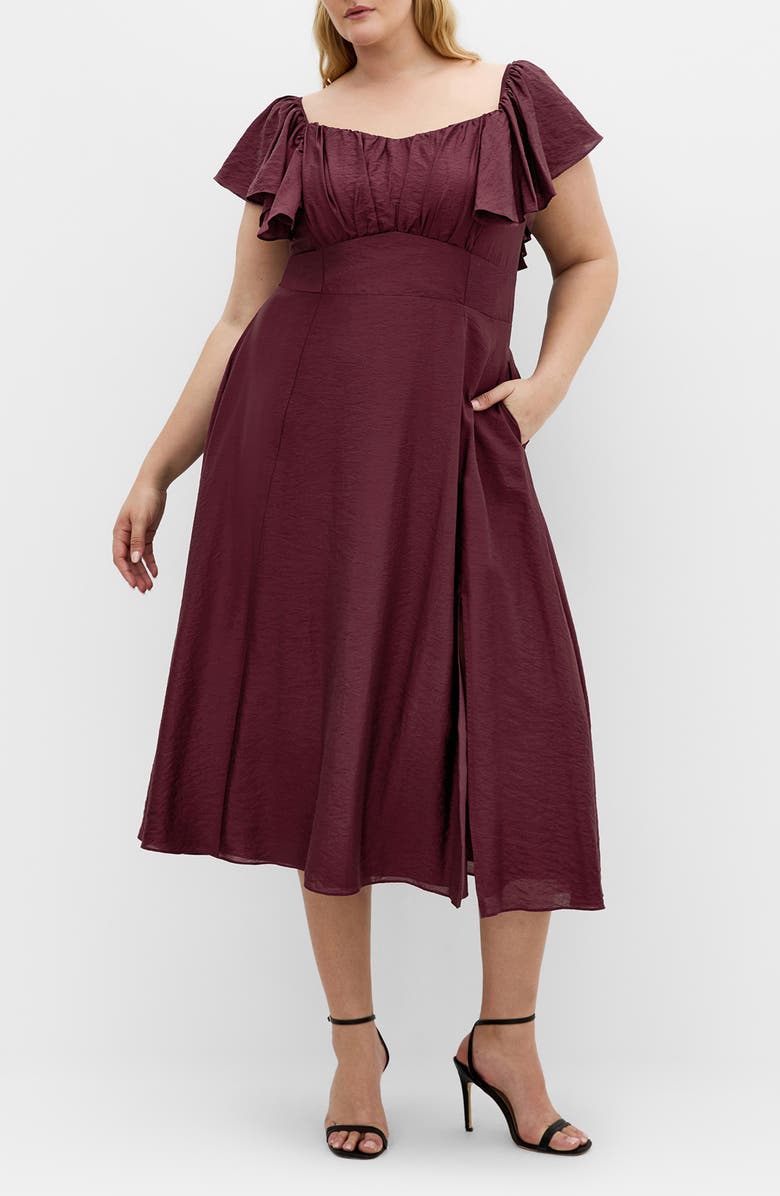 City Chic Alisa Flutter Sleeve Midi Dress, Main, color, Dark Cherry