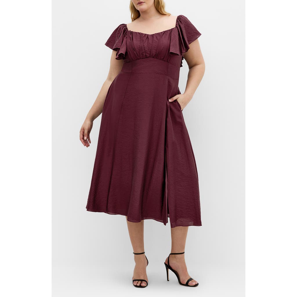 City Chic Alisa Flutter Sleeve Midi Dress In Burgundy