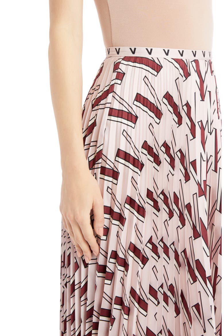 V-Print Pleated Silk Midi Skirt, Alternate, color, POUDRE