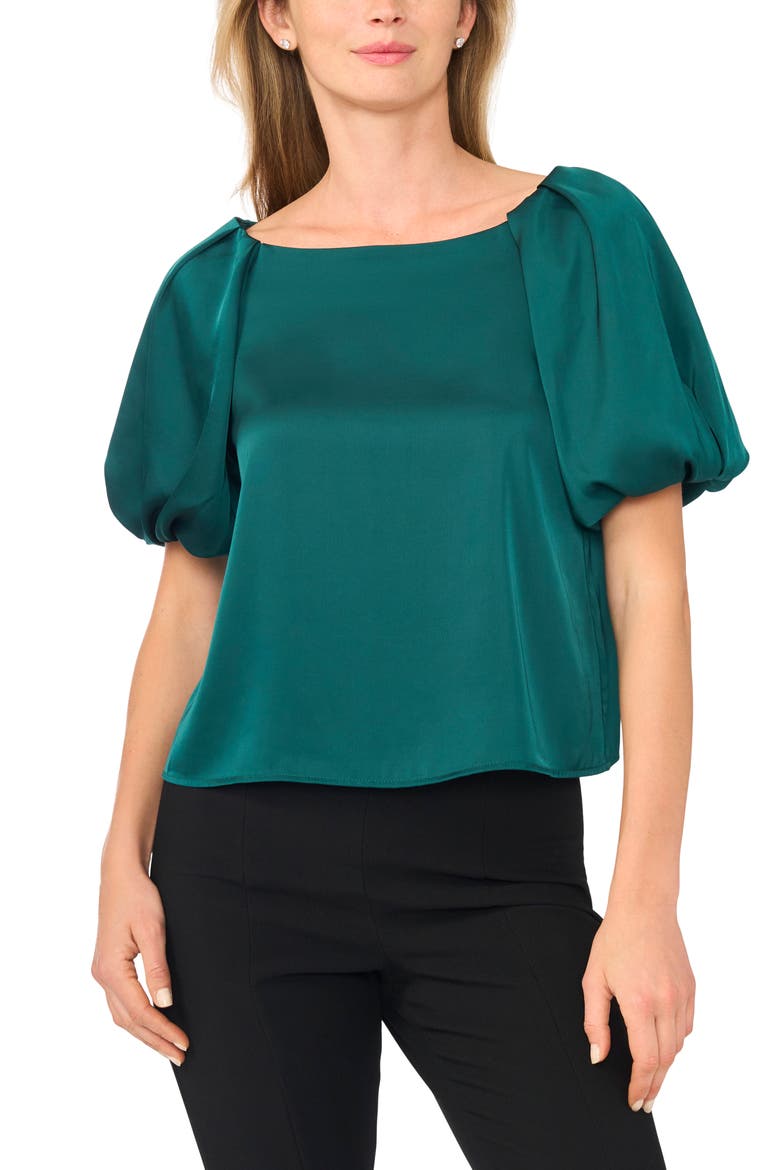Gathered Bubble Sleeve Satin Blouse, Main, color, SOFT EMERALD