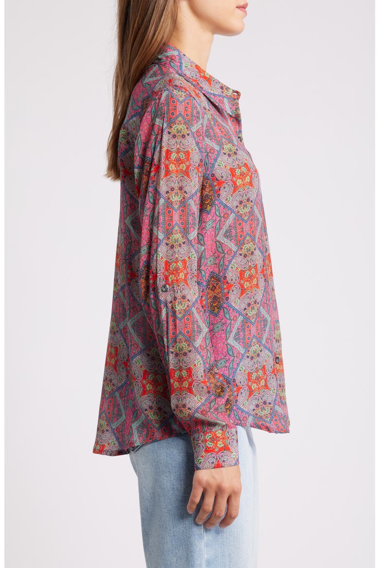 Print Roll-Up Sleeve Chiffon Button-Up Shirt, Alternate, color, PINK MULTI