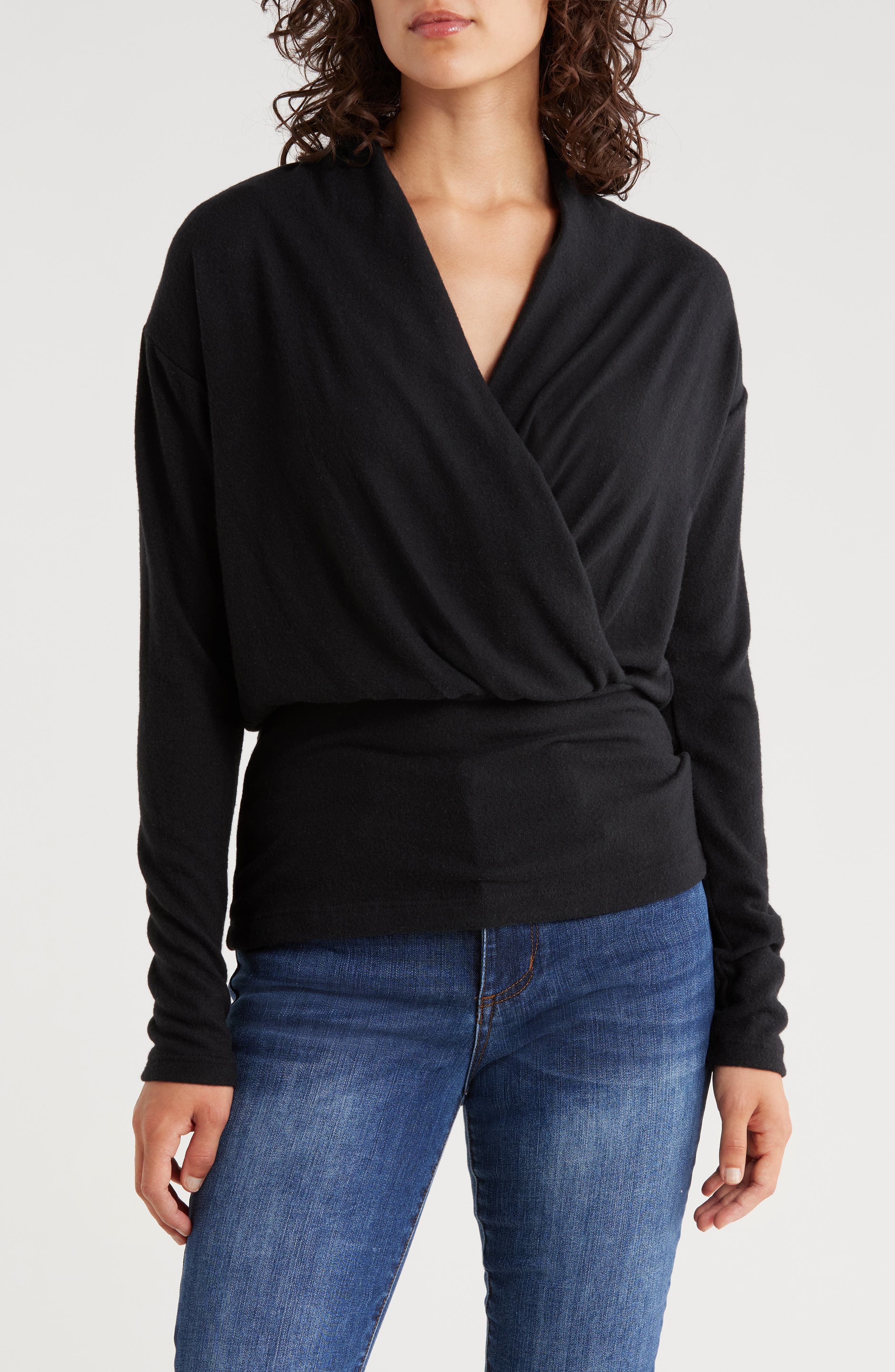 Renee C Surplice V-Neck Long Sleeve Brushed Knit Top