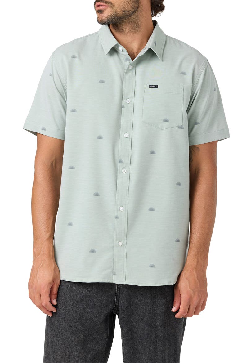 Light Check Geo Standard Fit Short Sleeve Stretch Button-Up Shirt, Main, color, SAGE
